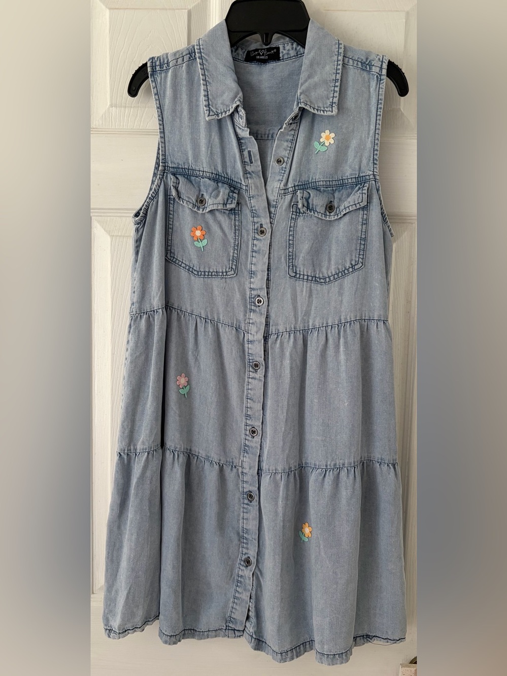 Denim Tiered Button-Front Dress with Flower Patches